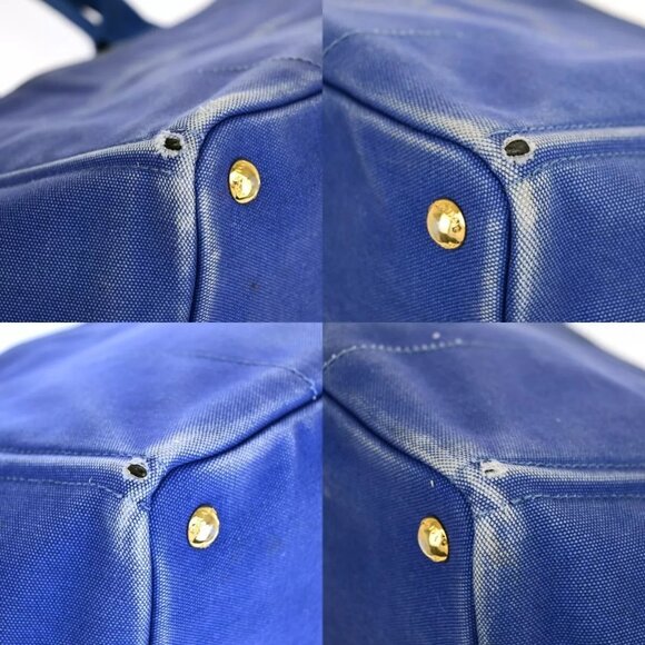 PRADA Milano Logo CANAPA Tote Hand Bag Canvas Leather Blue Gold - Picture 14 of 16